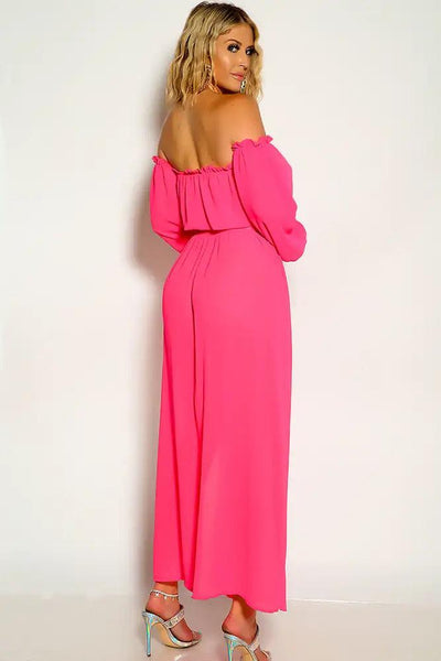 Fuchsia Off The Shoulder Cropped Maxi Two Piece Dress - AMIClubwear