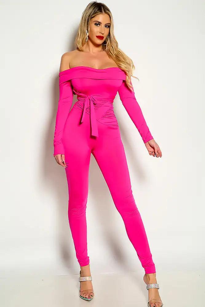 Fuchsia Off The Shoulder Long Sleeve Strappy Fitted Jumpsuit - AMIClubwear