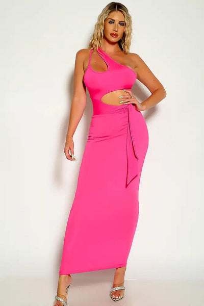 Fuchsia One Shoulder Side Tie Maxi Dress - AMIClubwear