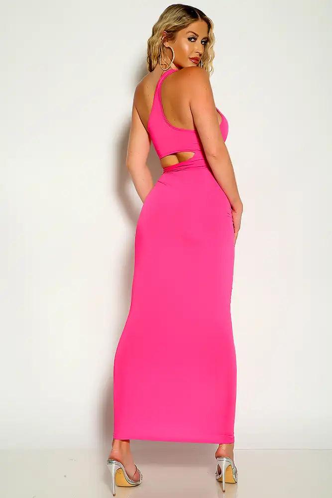 Fuchsia One Shoulder Side Tie Maxi Dress - AMIClubwear