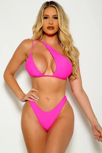 Fuchsia One Sleeve Two Piece Swimsuit - AMIClubwear