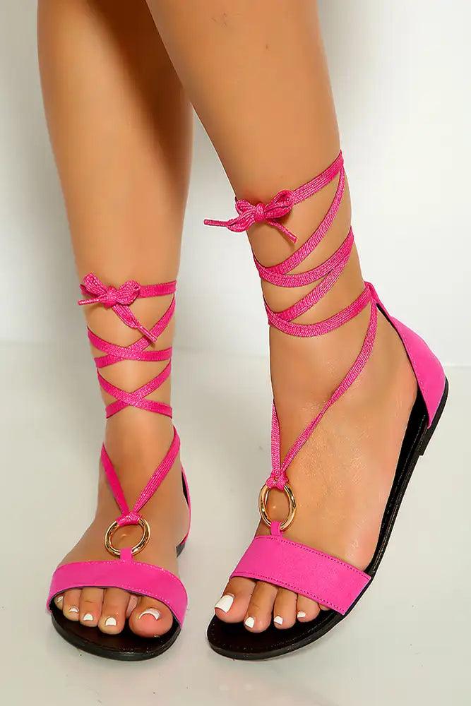 Fuchsia Open Toe O-ring Strappy Wrap Around Sandals - AMIClubwear