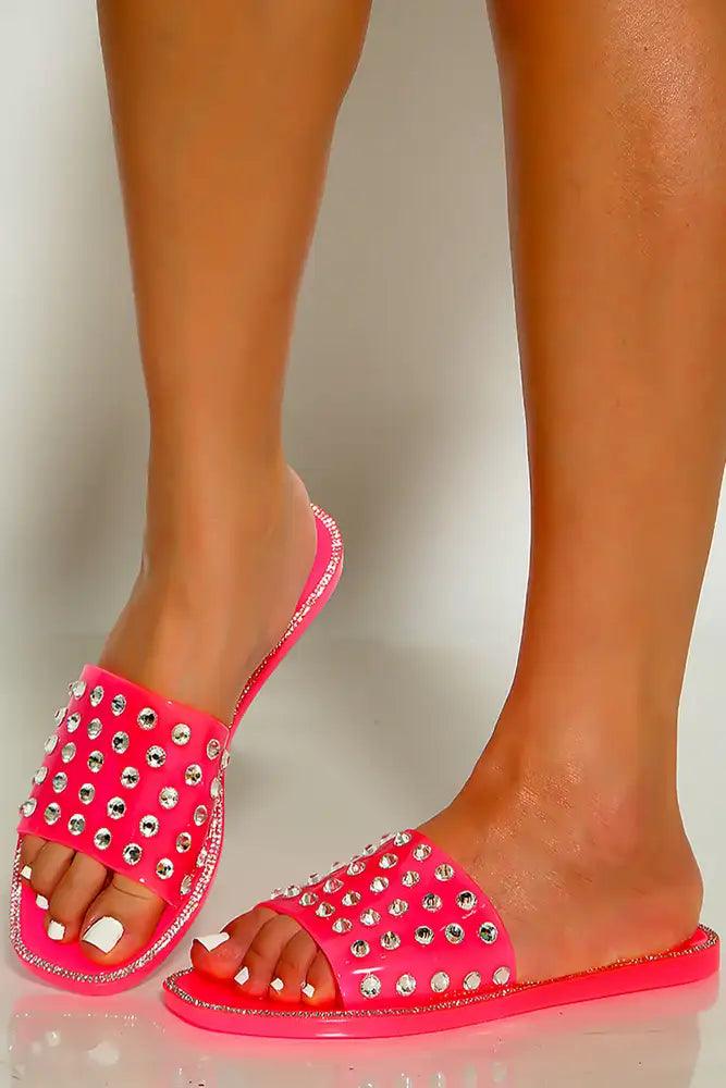 Fuchsia Open Toe Slip On Rhinestone Sandals - AMIClubwear