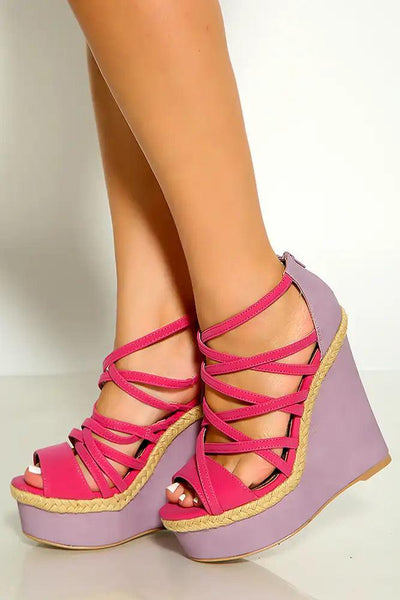 Fuchsia Open Toe Strappy Braided Detail  Platform Wedges Nubuck - AMIClubwear