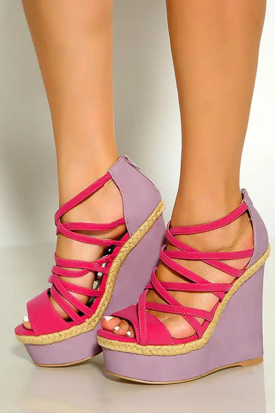 Fuchsia Open Toe Strappy Braided Detail  Platform Wedges Nubuck - AMIClubwear