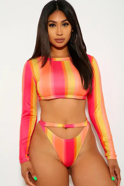 Fuchsia Peach Long Sleeves Two Piece Swimsuit - AMIClubwear