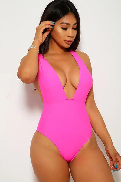 Fuchsia Plunging One Piece Swimsuit - AMIClubwear