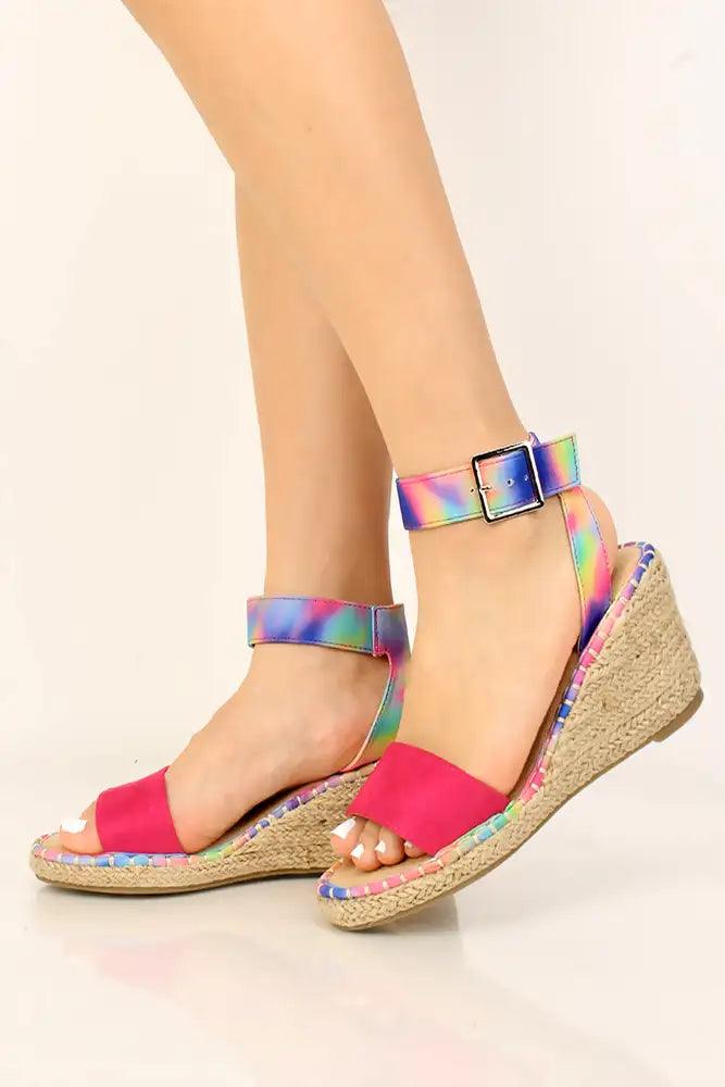 Fuchsia Printed Open Toe Espadrille Wedges - AMIClubwear