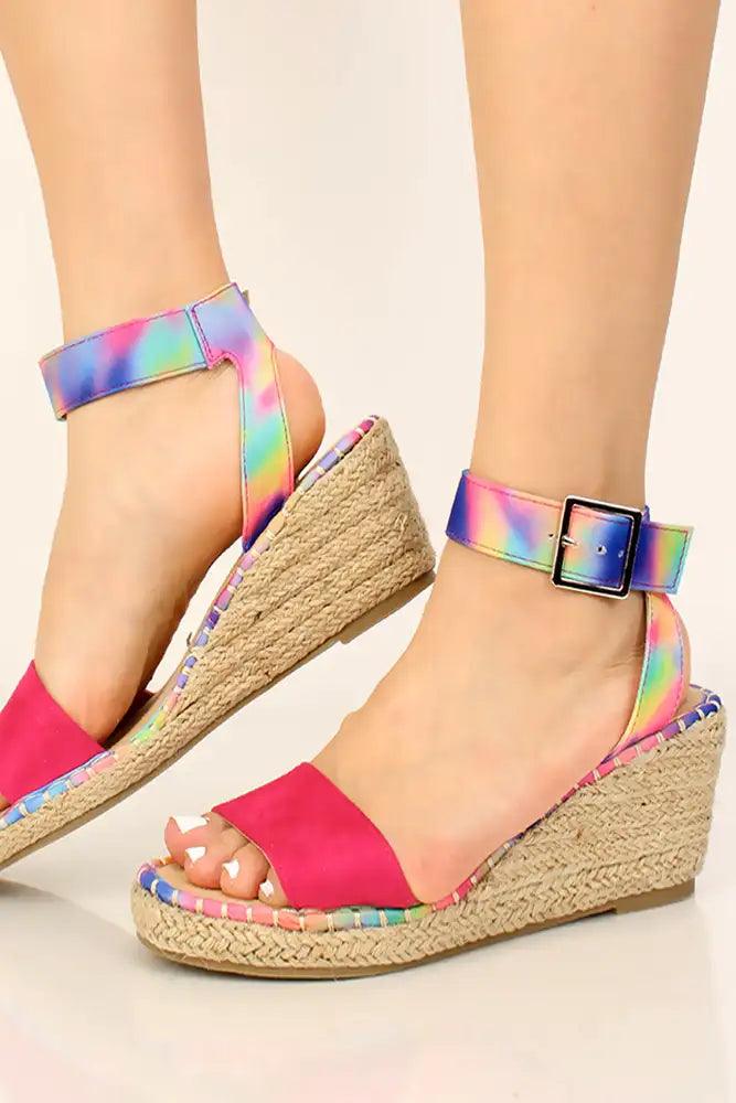 Fuchsia Printed Open Toe Espadrille Wedges - AMIClubwear