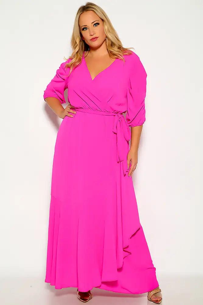 Fuchsia Quarter Sleeve Flowy Plus Size Maxi Dress - AMIClubwear