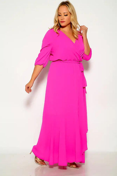 Fuchsia Quarter Sleeve Flowy Plus Size Maxi Dress - AMIClubwear