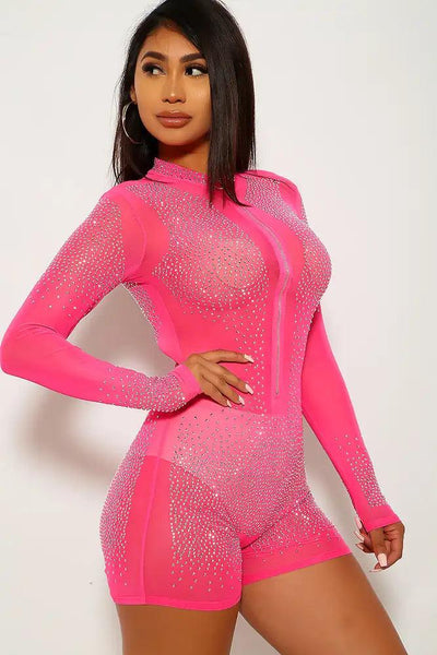 Fuchsia Rhinestones Long Sleeves Romper - AMIClubwear