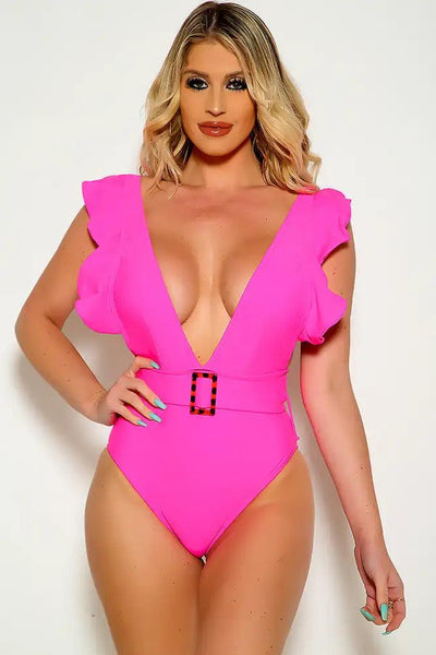 Fuchsia Ruffled Sleeves Belted One Piece Swimsuit - AMIClubwear