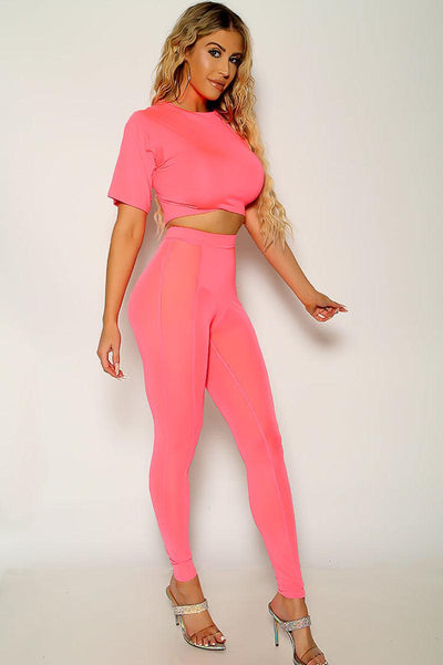 Fuchsia Short Sleeve Mesh Two Piece Outfit - AMIClubwear