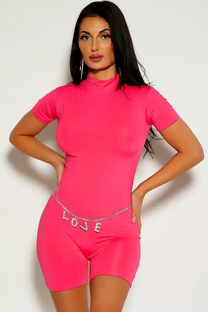 Fuchsia Short Sleeve Mock Neck Romper - AMIClubwear