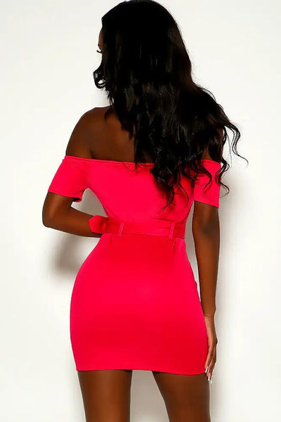 Fuchsia Short Sleeve Off The Shoulder Front Zipper Party Dress - AMIClubwear