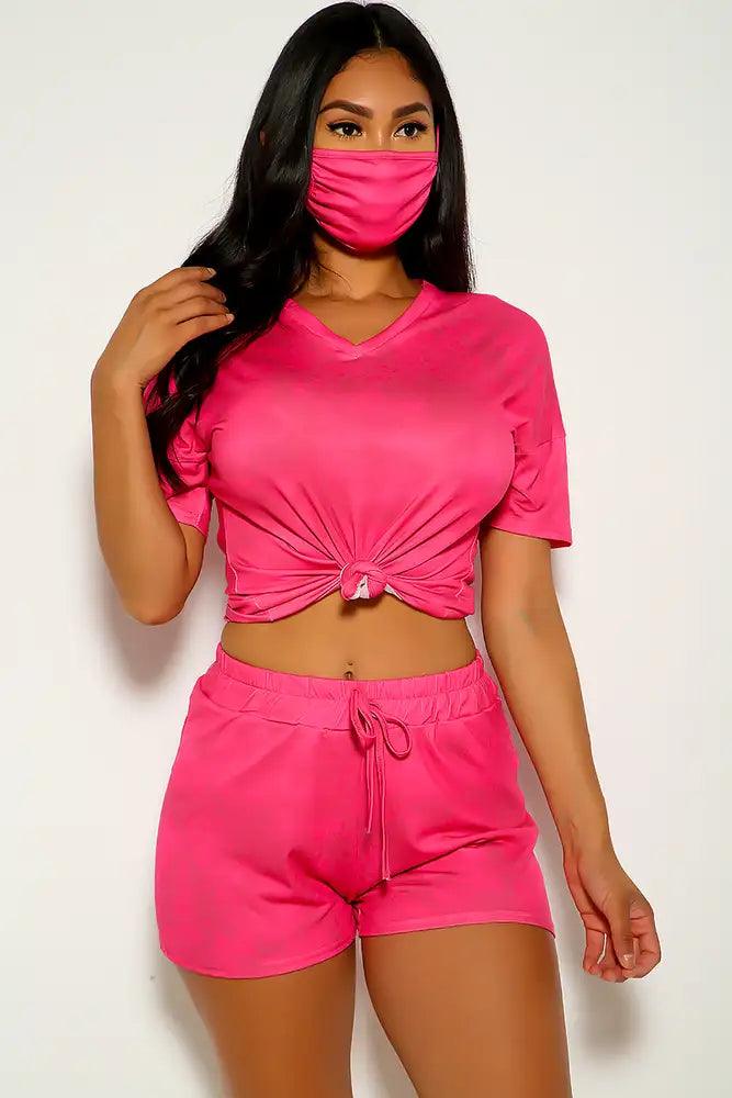 Fuchsia Short Sleeve Two Tone Casual Three Piece Outfit - AMIClubwear