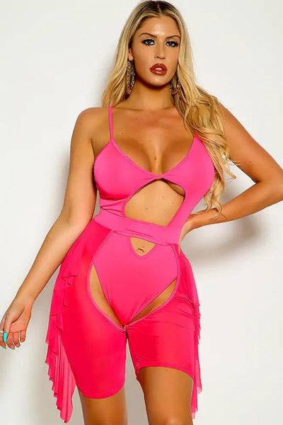 Fuchsia Sleeveless Bodysuit Cut Out Ruffled Mesh Two Piece Shorts Outfit - AMIClubwear