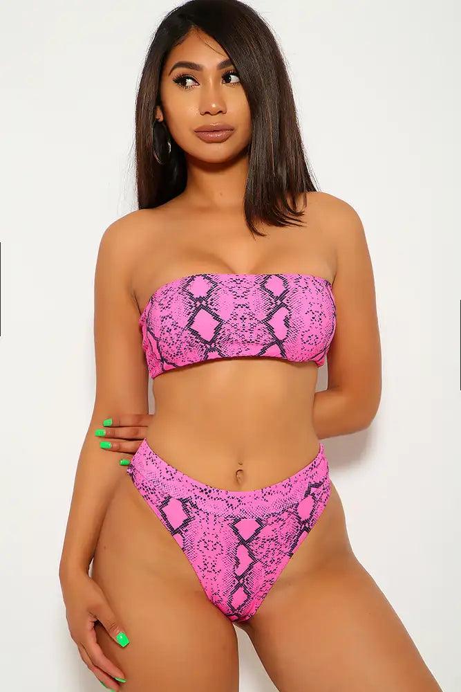 Fuchsia Snake Print Bandeau High Waist Two Piece Swimsuit - AMIClubwear