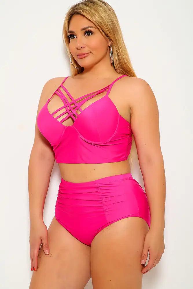 Fuchsia Strappy Plus Size Two Piece Swimsuit - AMIClubwear