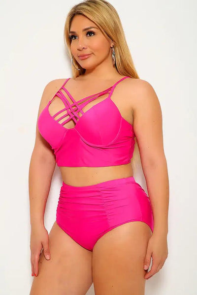 Fuchsia Strappy Plus Size Two Piece Swimsuit - AMIClubwear
