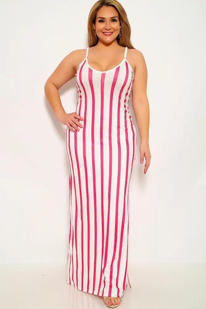 Fuchsia Striped Plus Size Party Dress - AMIClubwear