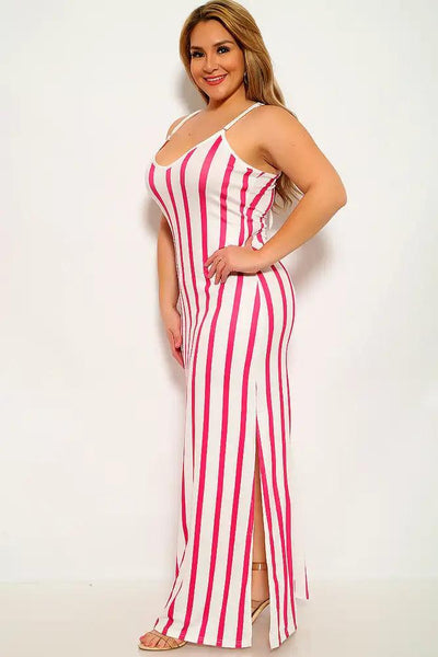Fuchsia Striped Plus Size Party Dress - AMIClubwear