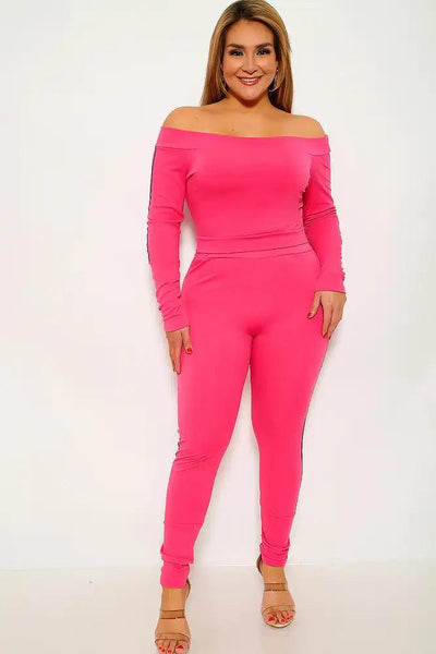 Fuchsia Striped Plus Size Two Piece Outfit - AMIClubwear