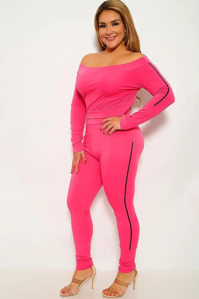 Fuchsia Striped Plus Size Two Piece Outfit - AMIClubwear