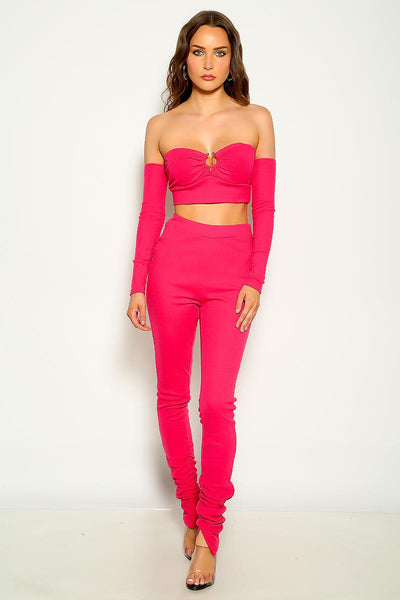 Fuchsia Thick Ribbed Off The Shoulder Three Piece Outfit - AMIClubwear