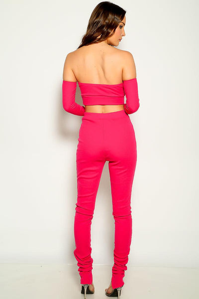 Fuchsia Thick Ribbed Off The Shoulder Three Piece Outfit - AMIClubwear