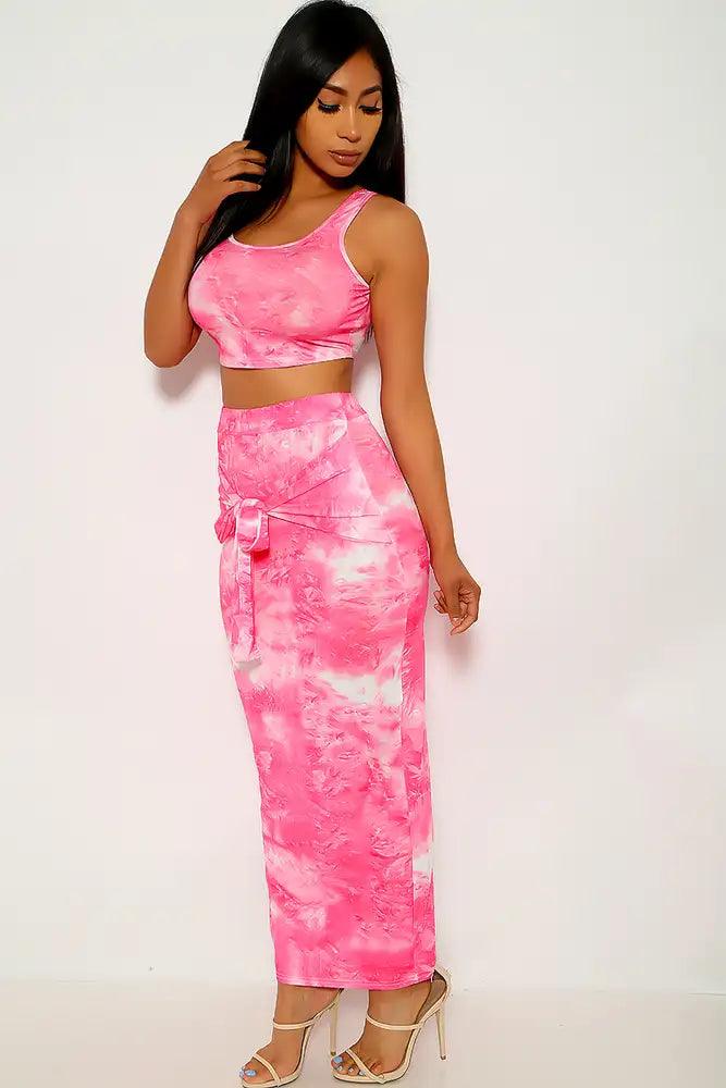 Fuchsia Tie Dye Print Two Piece Outfit - AMIClubwear