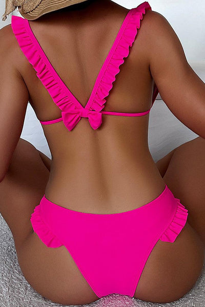 Fuchsia V-Cut Ruffled Sexy Two Piece Swimsuit - AMIClubwear