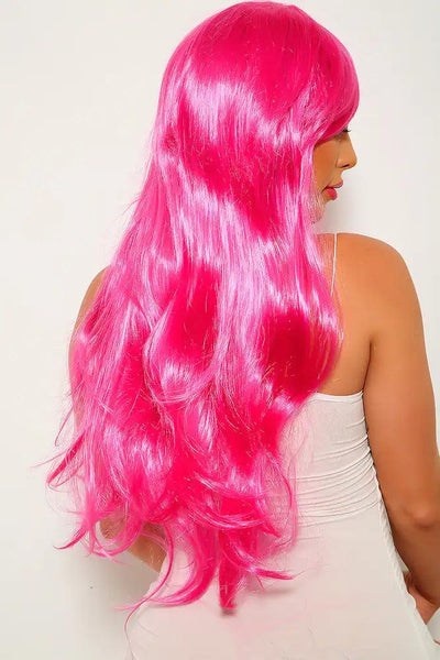 Fuchsia Wavy Bangs Long Costume Wig - AMIClubwear