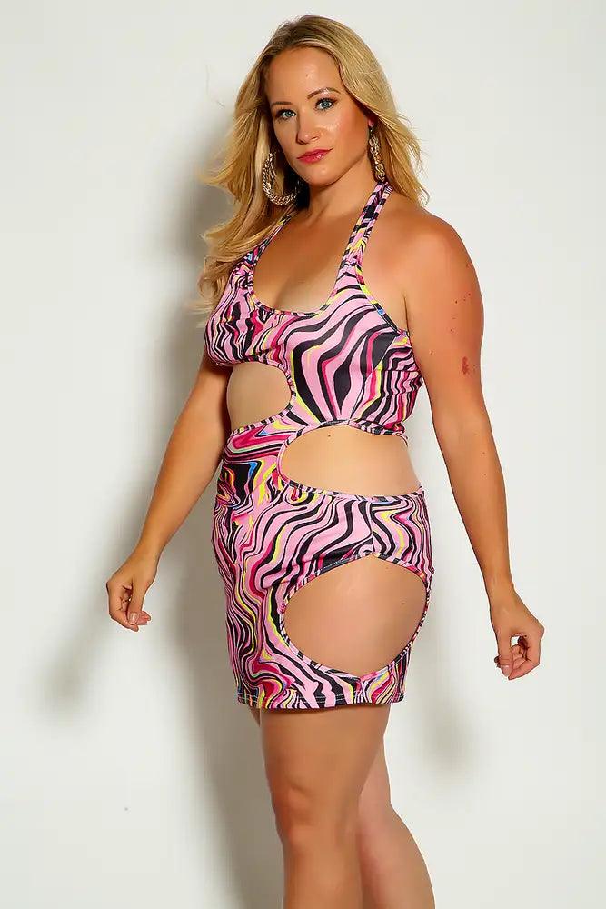 Fuchsia White One Shoulder Cut Out Sexy Plus Size Party Dress - AMIClubwear
