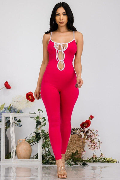 Fuchsia White Spaghetti Strap Jumpsuit - AMIClubwear