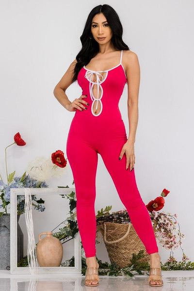 Fuchsia White Spaghetti Strap Jumpsuit - AMIClubwear