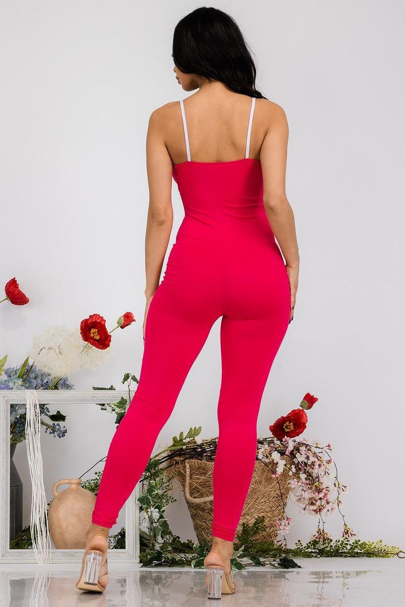 Fuchsia White Spaghetti Strap Jumpsuit - AMIClubwear