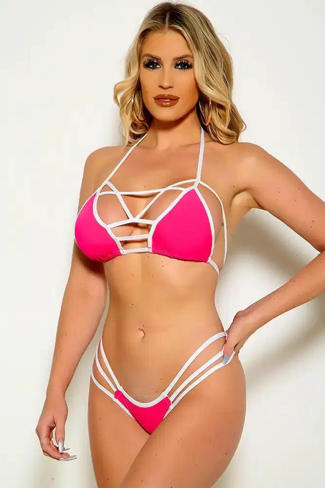 Fuchsia white Strappy Caged Two Piece Swimsuit