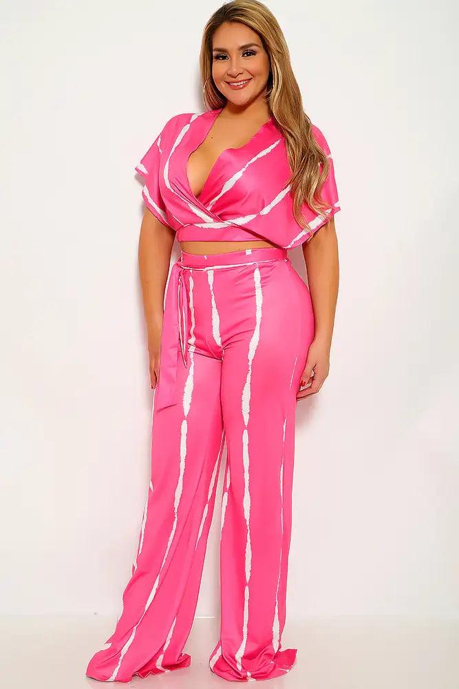 Fuchsia White Striped Plus Size Two Piece Outfit - AMIClubwear