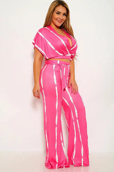 Fuchsia White Striped Plus Size Two Piece Outfit - AMIClubwear