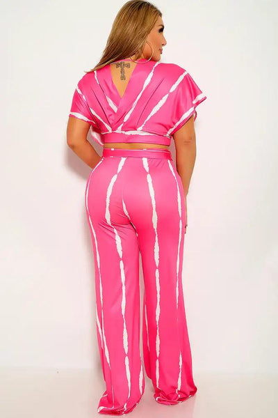 Fuchsia White Striped Plus Size Two Piece Outfit - AMIClubwear