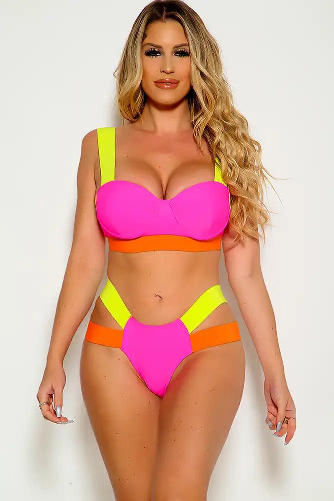 Fuchsia Yellow Two Tone Strappy Two Piece Swimsuit - AMIClubwear