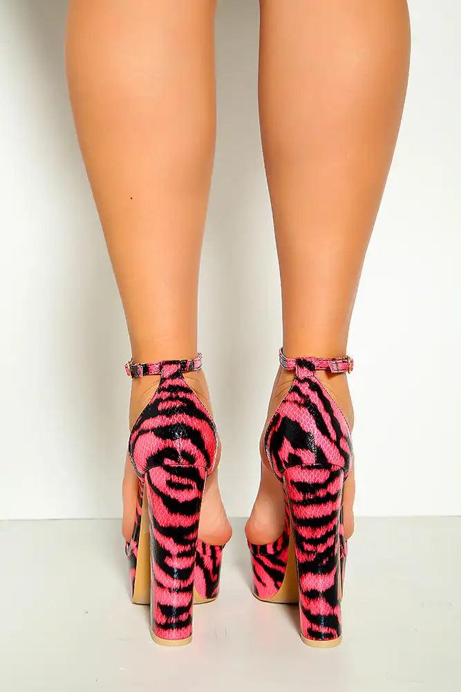 Fuchsia Zebra Print Open Toe Ankle Strap Platform High Heels - AMIClubwear