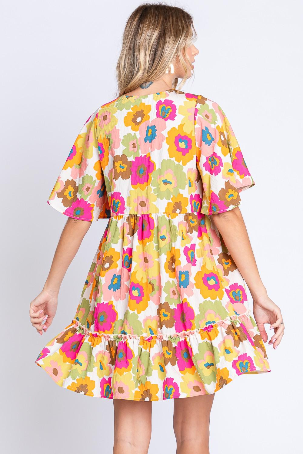 GeeGee Floral V-Neck Ruffle Hem Mini Dress - AMIClubwear