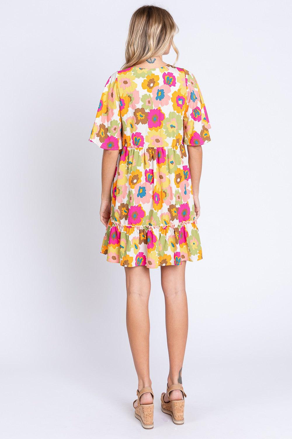 GeeGee Floral V-Neck Ruffle Hem Mini Dress - AMIClubwear