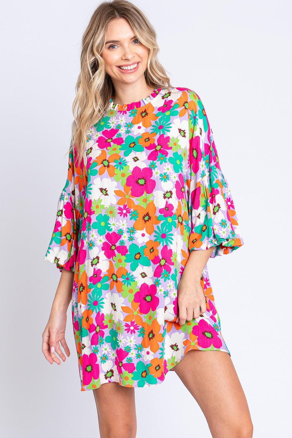 GeeGee Full Size Floral Round Neck Lantern Sleeve Mini Dress - AMIClubwear