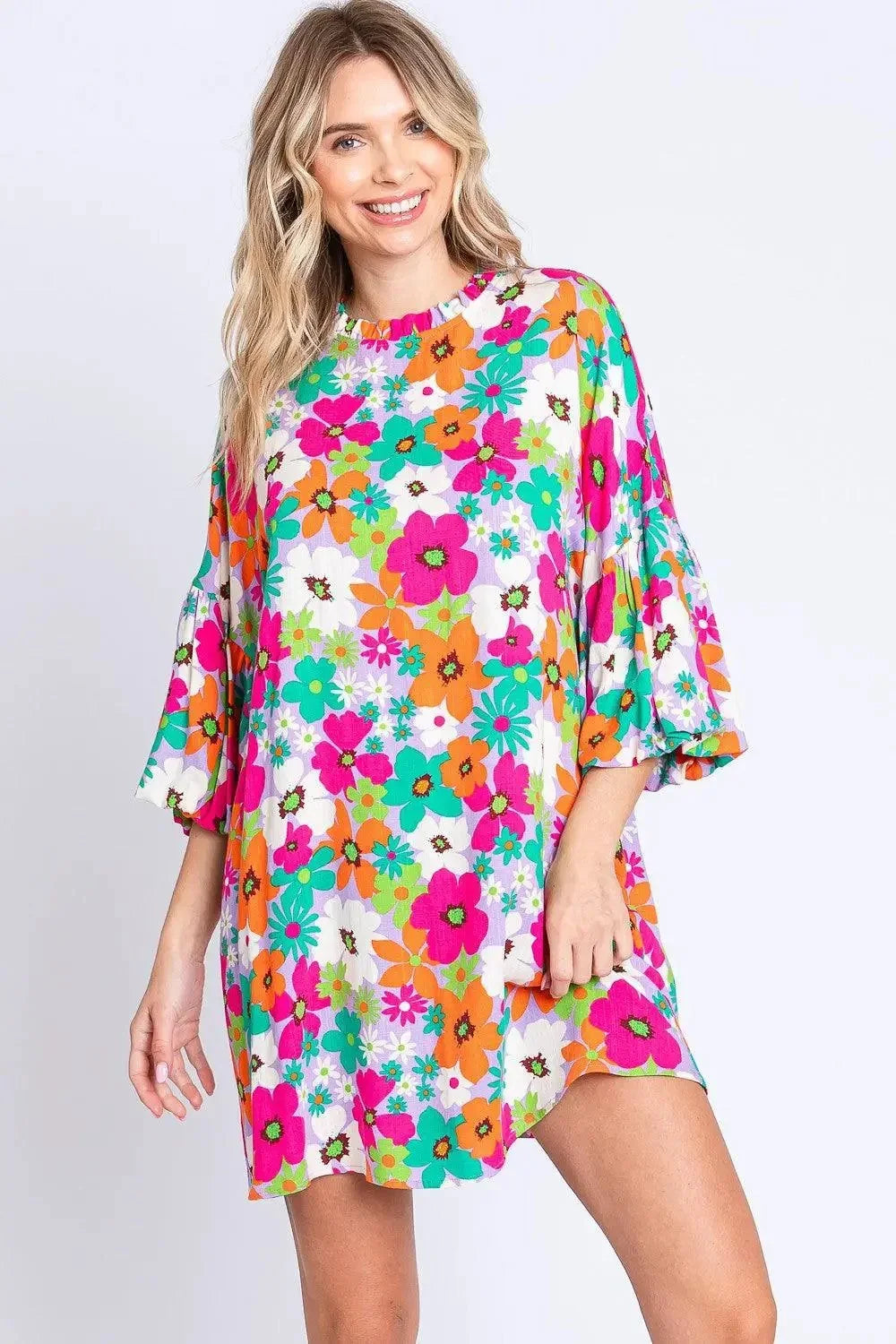 Geegee GeeGee Full Size Floral Round Neck Lantern Sleeve Mini Dress – AMIClubwear