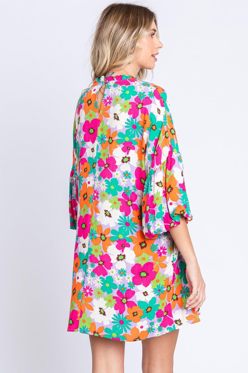 GeeGee Full Size Floral Round Neck Lantern Sleeve Mini Dress - AMIClubwear