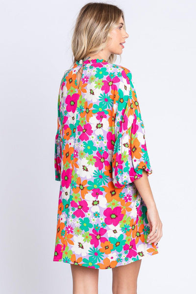 GeeGee Full Size Floral Round Neck Lantern Sleeve Mini Dress - AMIClubwear